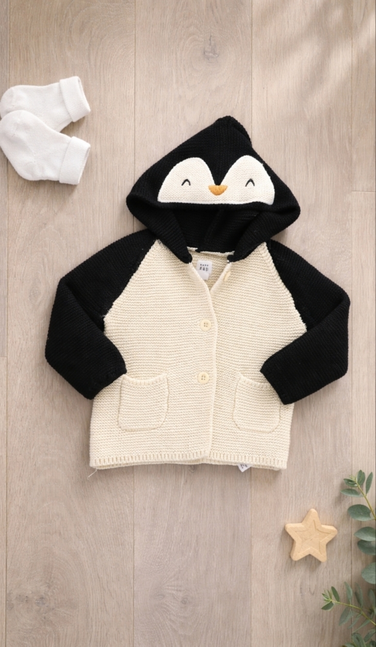 Baby GAP Baby Boy Girl Knit Penguin Sweater Black / Cream 6-12 Months